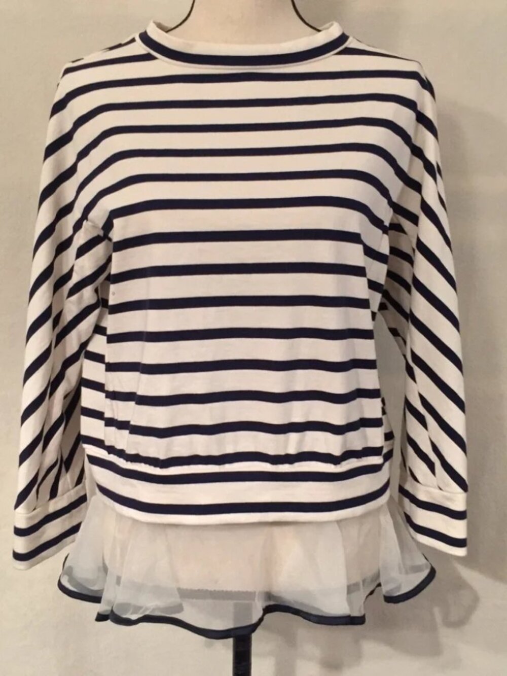 Made in Japan Leur Logette Petit blue & cream cotton striped ruffle hem blouse